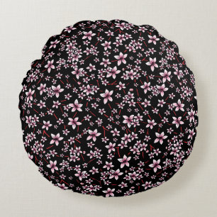 Pink Cherry Blossoms On Black Round Pillow