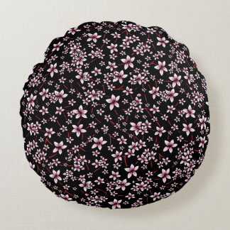 Pink Cherry Blossoms On Black Round Pillow