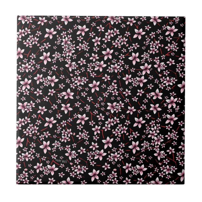 Pink Cherry Blossoms On Black Tile (Front)