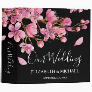 Pink Cherry Blossoms On Black Wedding Album Binder