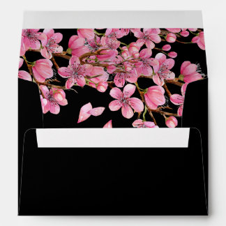 Pink Cherry Blossoms On Black Wedding Envelope