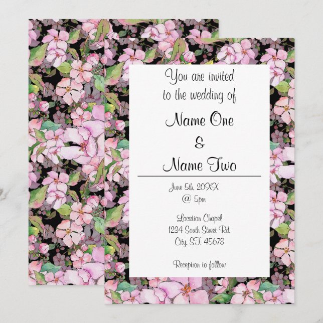 Pink Cherry Blossoms on Black Wedding Invitation (Front/Back)