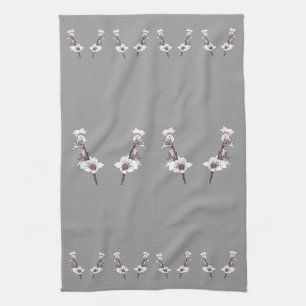 Pink Cherry Blossoms on Grey Kitchen Towel