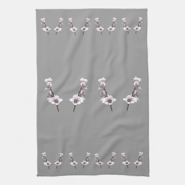 Pink Cherry Blossoms on Grey Kitchen Towel (Vertical)