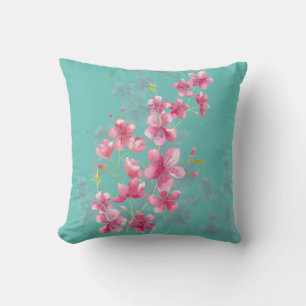 Pink Cherry Blossoms on Teal Throw Pillow