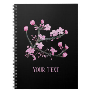 Pink Cherry Blossoms Personalized Black Notebook
