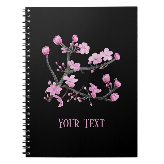 Pink Cherry Blossoms Personalized Black Notebook (Front)