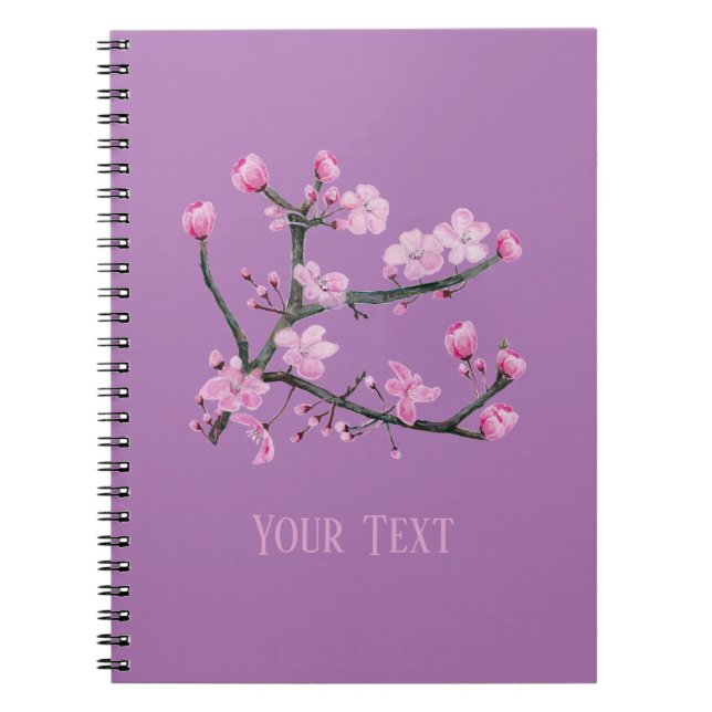 Pink Cherry Blossoms Personalized Purple Notebook (Front)