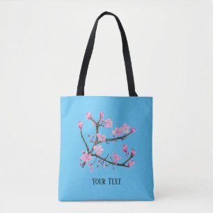 Pink Cherry Blossoms Personalized Sky Blue Tote Bag
