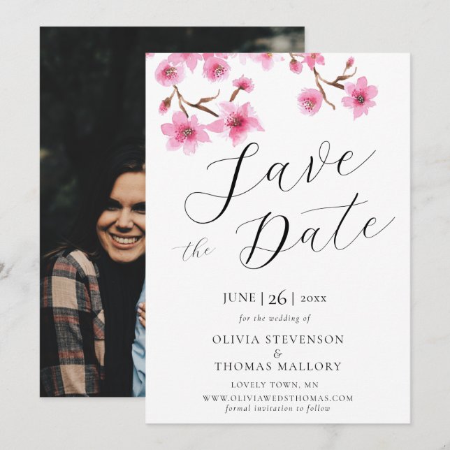 Pink Cherry Blossoms Photo Wedding Save the Date Invitation (Front/Back)