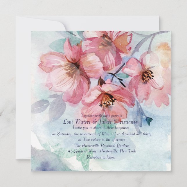 Pink Cherry Blossoms Square Wedding Invitation (Front)