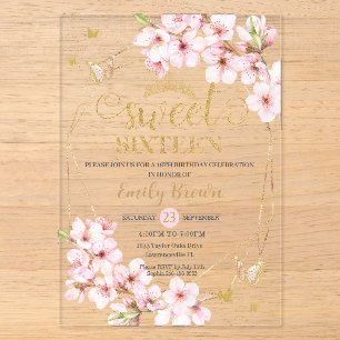 Pink Cherry Blossoms Sweet 16 Sixteen Birthday  Acrylic Invitations