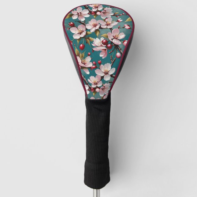Pink Cherry Blossoms Teal Background Golf Head Cover (Front)