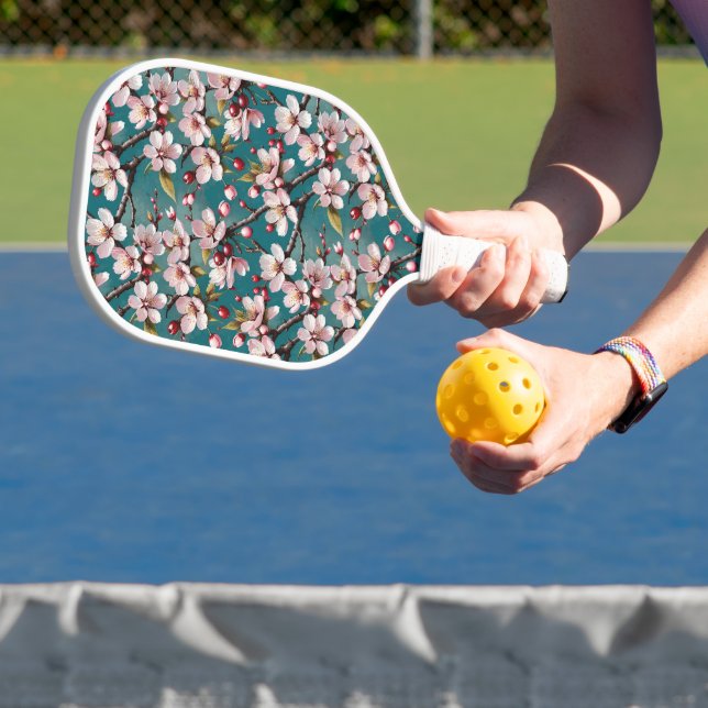 Pink Cherry Blossoms Teal Background Pickleball Paddle (Insitu)
