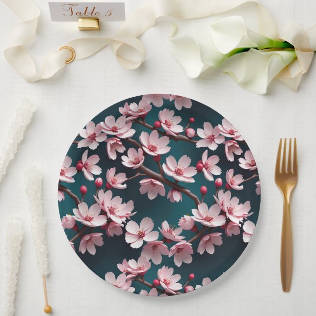 Pink Cherry Blossoms Teal Paper Plate (Wedding)