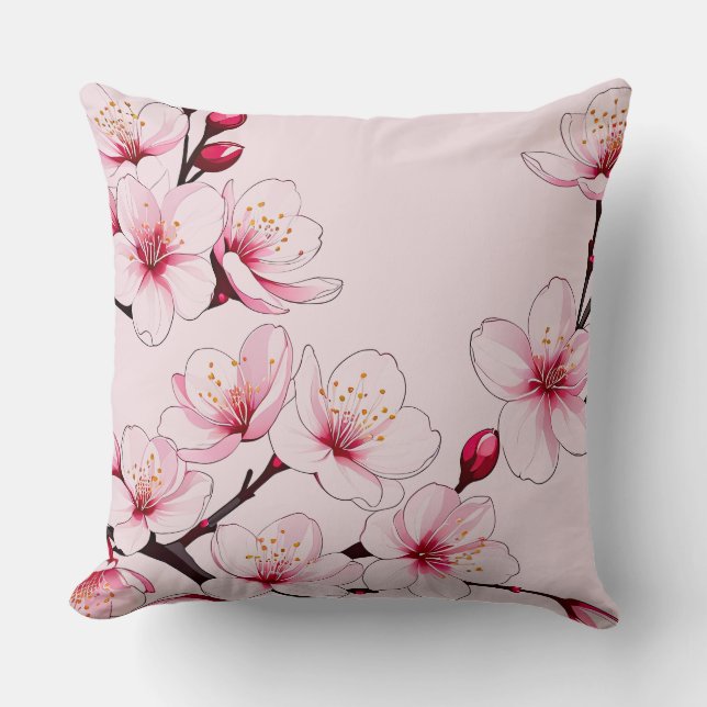 Pink Cherry Blossoms Throw Pillow (Front)