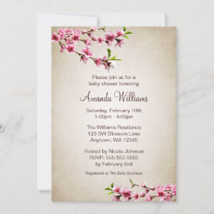 Pink Cherry Blossoms Vintage Tan Baby Shower Invitation