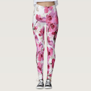 Pink Cherry Blossoms Watercolor Seamless. Leggings