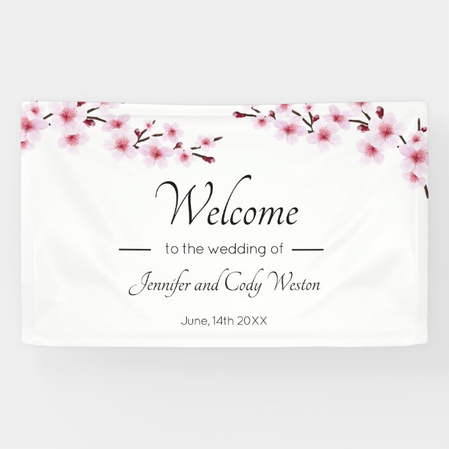 Pink Cherry Blossoms Wedding Banner Sign (Horizontal)