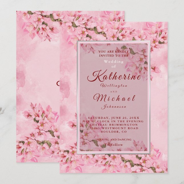 Pink Cherry Blossoms Wedding  Invitation (Front/Back)