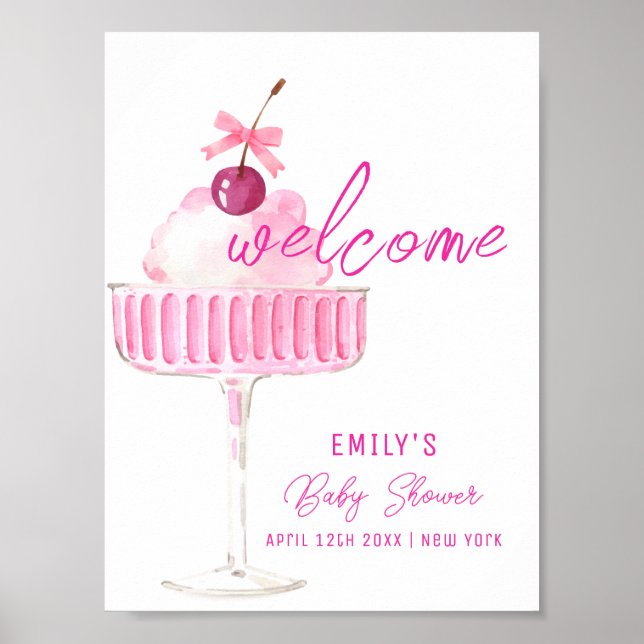Pink Cherry Champagne Brunch Baby Shower Welcome Poster (Front)
