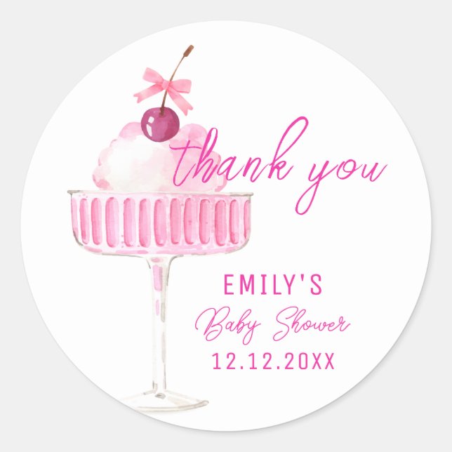 Pink Cherry Champagne Brunch Bubbly Baby Shower  Classic Round Sticker (Front)