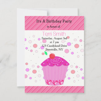 Pink Cherry Cupcake Birthday Invitation