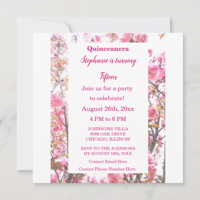 Pink Cherry Floral Quinceanera Fifteenth Birthday Invitation (Front)