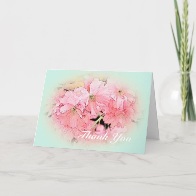 pink cherry flowers in light blue thank you card (Front)