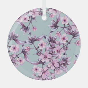 Pink cherry flowers: watercolor background branch glass ornament