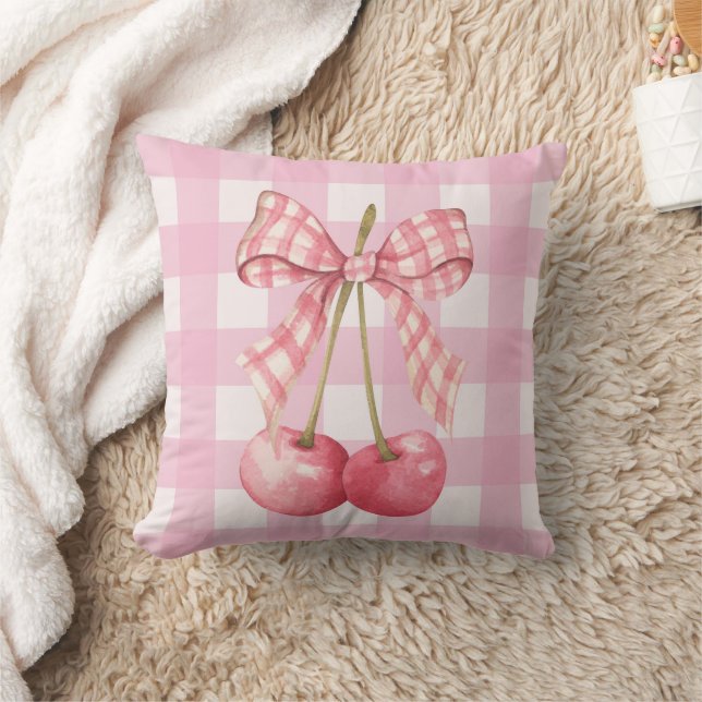 Pink Cherry Gingham Coquette Bow  Throw Pillow (Blanket)