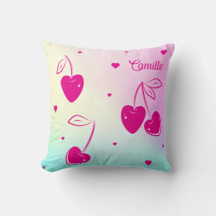 Pink Cherry Hearts Whimsical Cute Rainbow Name Throw Pillow