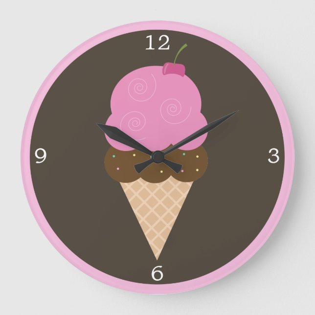 Pink Cherry Ice Cream Cone Large Clock (Front)