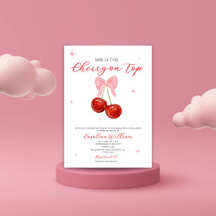 Pink cherry on top bow baby shower invitation