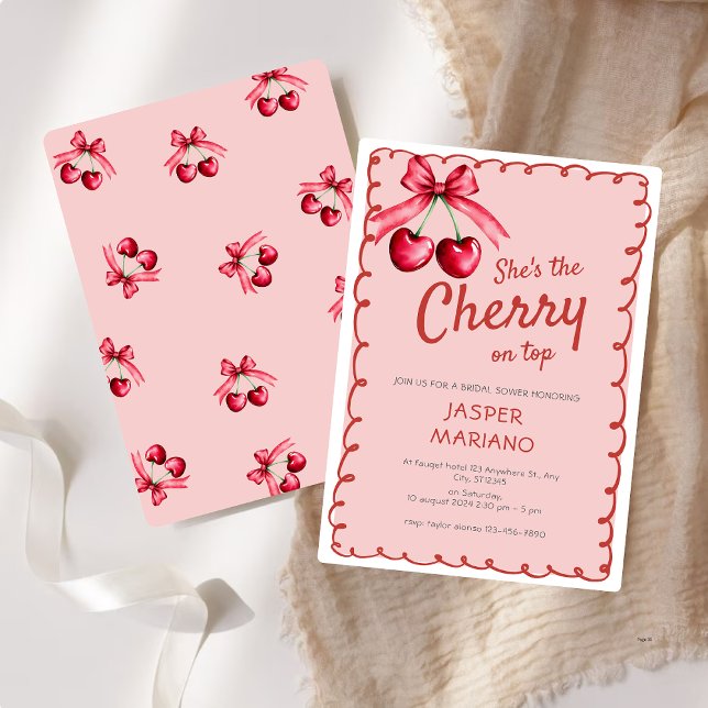 Pink Cherry On Top Cute Hand Drawn Bridal Shower  Invitation (Creator Uploaded)