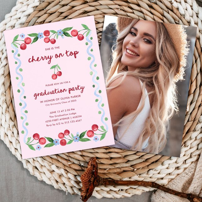 Pink Cherry on Top | Whimsical Grad Party Photo Invitation (Creator Uploaded)