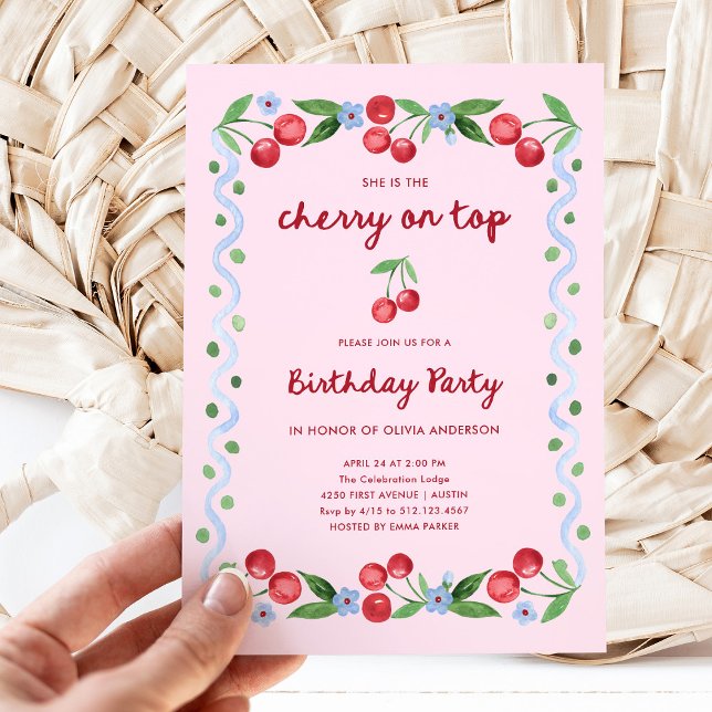 Pink Cherry on Top Whimsical Retro Birthday Party Invitation (Creator Uploaded)