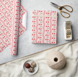 Pink Cherry Pattern with Wavy Scallop Stripes Wrapping Paper