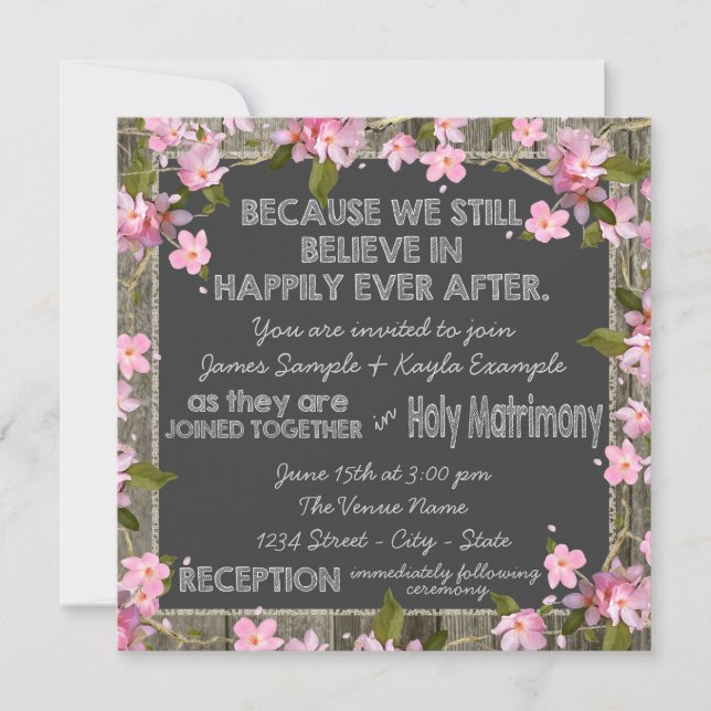 Pink Cherry Rustic Barn Wood Chalk Wedding Invitation (Front)