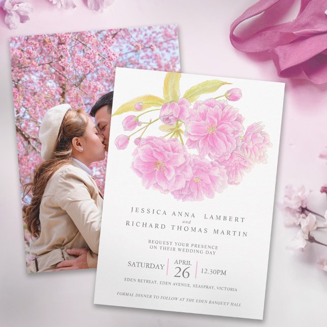 Pink cherry tree blossom watercolor photo wedding  invitation (Creator Uploaded)