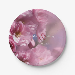 pink cherry tree blossoms spring wedding paper plate