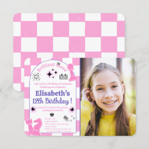 Pink Chess Birthday Party For Girls with Photo  Invitation