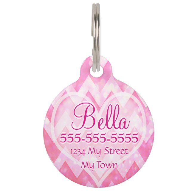 Pink Chevorn Glitter Heart Pet Tag (Front)