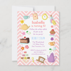 Pink Chevron Alice in Wonderland Tea Party Invitation