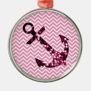 Pink Chevron and Sparkly Stars Anchor Metal Ornament