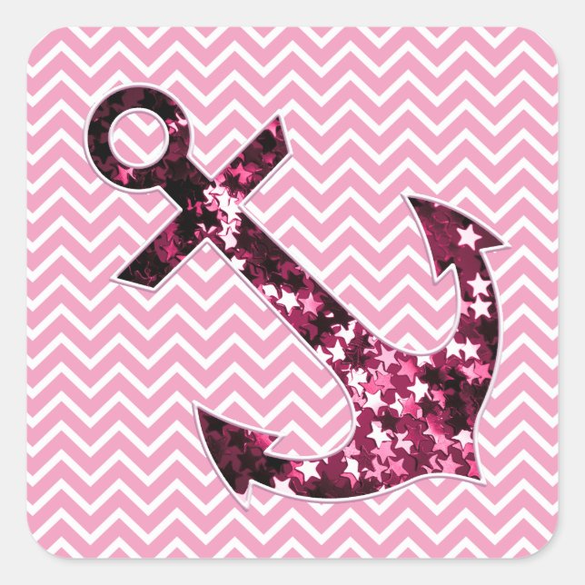 Pink Chevron and Sparkly Stars Anchor Square Sticker (Front)