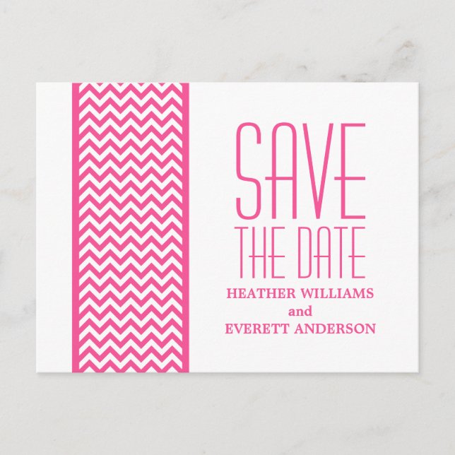 Pink Chevron Border Save the Date Postcard (Front)