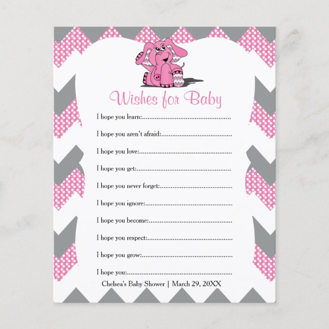 Pink Chevron Elephant Baby Girl Shower - Wishes (Front)