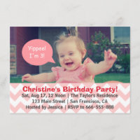Pink Chevron Girl Birthday, Speech Bubble, Turns 3