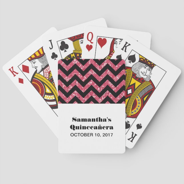 Pink Chevron Glitter Quinceañera Playing Cards (Back)